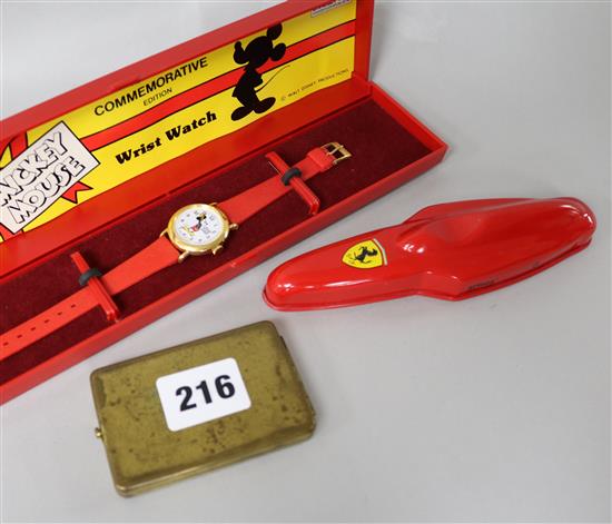 A Bradley Mickey Mouse watch, 1970s with original box, a Ferrari cased pen and an Ansonia Sunwatch in brass case